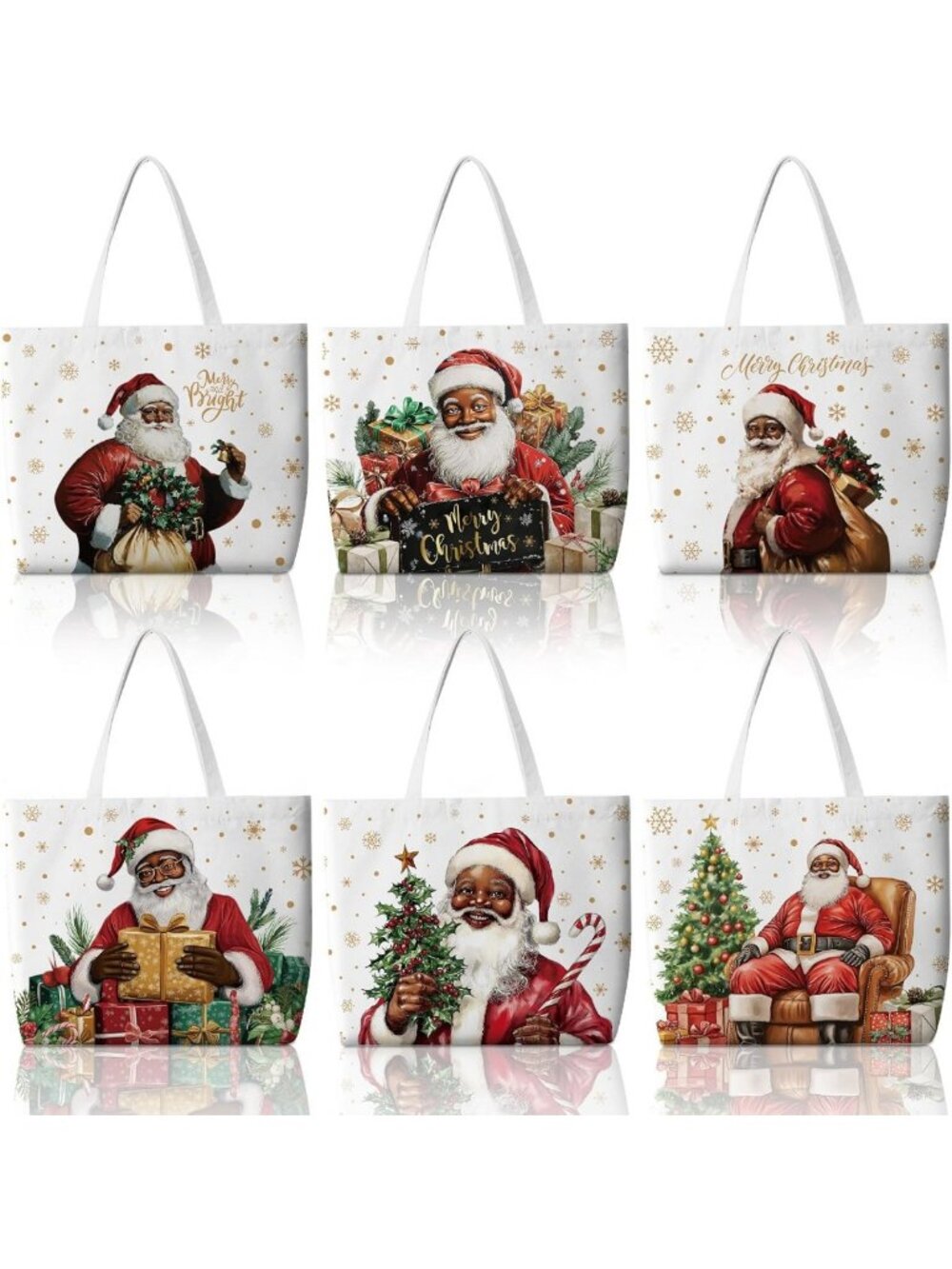 6 Pcs Christmas Canvas Tote Bags - Reusable Merry Xmas Tree Gift Bags for Women